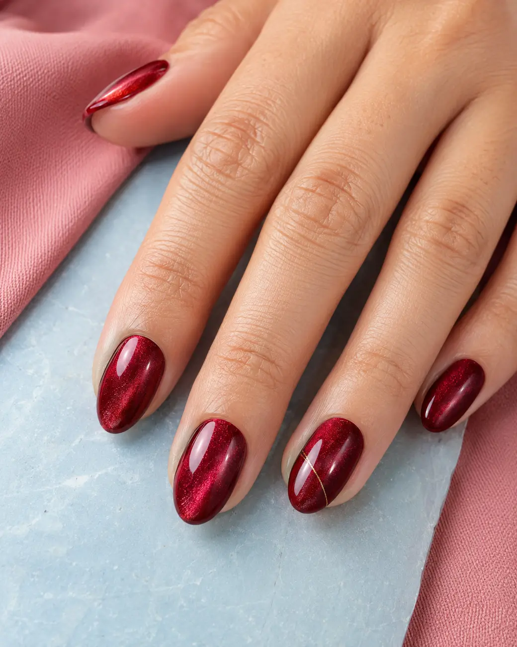 Uñas rojas con efecto ojo de gato